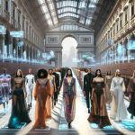 High definition image showcasing the future scenario of the fashion industry in Italy. The image should capture a fashion runway scene with models of diverse descents like Caucasian, South Asian, and Black modeling futuristic designs. It should further depict advanced technology like holographic displays, AI-powered tools, and sustainable materials indicating an environmentally conscious approach. The surroundings should reflect traditional Italian architecture melded with cutting-edge designs. Note: All models should be portrayed in a respectful and empowering manner.