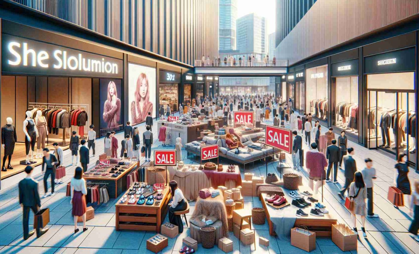 Generate a realistic HD image depicting the concept of luxury brands struggling due to a shift in consumer behavior in China. The scene should include merchandise from premium brands with 'sale' signs, illustrating reduced demand. A diverse mix of people should be seen in the background showing indifference or disinterest towards the luxury commodities. The location should be a bustling shopping district in a metropolitan Chinese city.