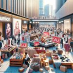 Generate a realistic HD image depicting the concept of luxury brands struggling due to a shift in consumer behavior in China. The scene should include merchandise from premium brands with 'sale' signs, illustrating reduced demand. A diverse mix of people should be seen in the background showing indifference or disinterest towards the luxury commodities. The location should be a bustling shopping district in a metropolitan Chinese city.