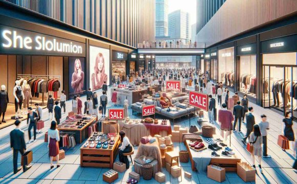 Generate a realistic HD image depicting the concept of luxury brands struggling due to a shift in consumer behavior in China. The scene should include merchandise from premium brands with 'sale' signs, illustrating reduced demand. A diverse mix of people should be seen in the background showing indifference or disinterest towards the luxury commodities. The location should be a bustling shopping district in a metropolitan Chinese city.