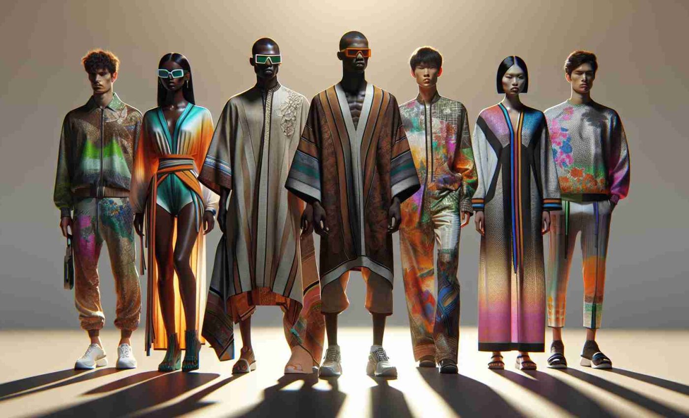 A realistic, high-definition image of futuristic fashion predicted for Summer 2024. It displays a diverse set of models. A Black male model wearing an earth-tone kaftan paired with neon sunglasses. A South Asian woman dressed in an avant-garde two-piece suit with abstract patterns. A Caucasian female model in a recycled-plastic dress filled with bright colors. Lastly, a Middle Eastern man wearing high-tech textiles in a form of casual summer pants and shirt. All the outfits shining under a warm, summer light.