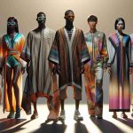 A realistic, high-definition image of futuristic fashion predicted for Summer 2024. It displays a diverse set of models. A Black male model wearing an earth-tone kaftan paired with neon sunglasses. A South Asian woman dressed in an avant-garde two-piece suit with abstract patterns. A Caucasian female model in a recycled-plastic dress filled with bright colors. Lastly, a Middle Eastern man wearing high-tech textiles in a form of casual summer pants and shirt. All the outfits shining under a warm, summer light.