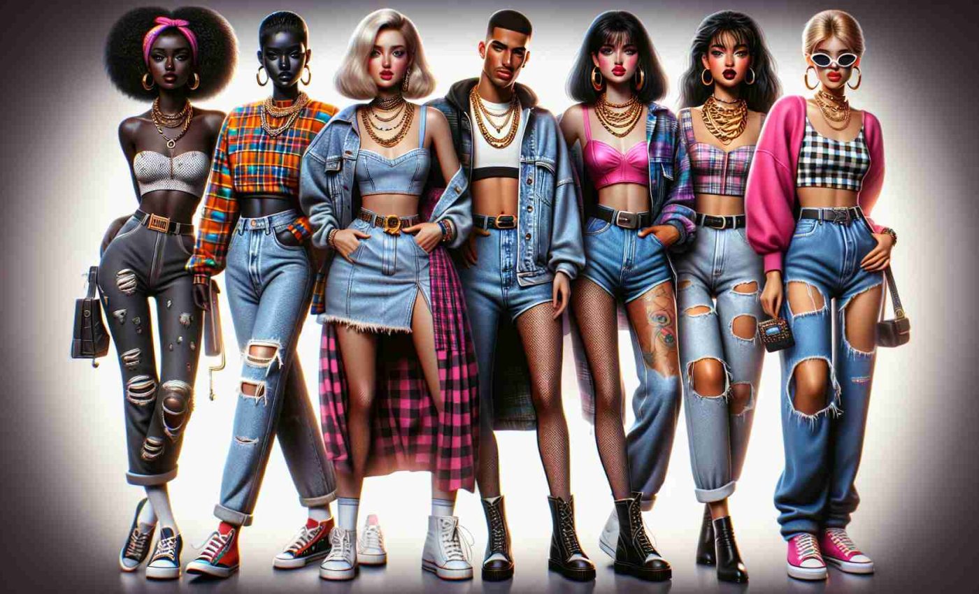 High-resolution, realistic image highlighting the nostalgic beauty of 90s fashion. The image could include symbolic elements such as grunge-inspired ripped jeans, colorful crop tops, and oversized denim jackets. To represent the glamour aspect, accessories like chunky gold chain necklaces, big hoops, and glossy lipsticks could also be included. Various fashion models could be present, each showcasing a different iconic style of the 90s: a Black woman with high-waisted mom jeans and a band t-shirt, a South Asian man with a flannel shirt wrapped around his waist, a Middle-Eastern woman sporting a babydoll dress, and a Caucasian man in a bright windbreaker suit.