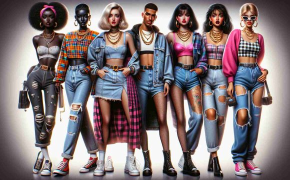 High-resolution, realistic image highlighting the nostalgic beauty of 90s fashion. The image could include symbolic elements such as grunge-inspired ripped jeans, colorful crop tops, and oversized denim jackets. To represent the glamour aspect, accessories like chunky gold chain necklaces, big hoops, and glossy lipsticks could also be included. Various fashion models could be present, each showcasing a different iconic style of the 90s: a Black woman with high-waisted mom jeans and a band t-shirt, a South Asian man with a flannel shirt wrapped around his waist, a Middle-Eastern woman sporting a babydoll dress, and a Caucasian man in a bright windbreaker suit.