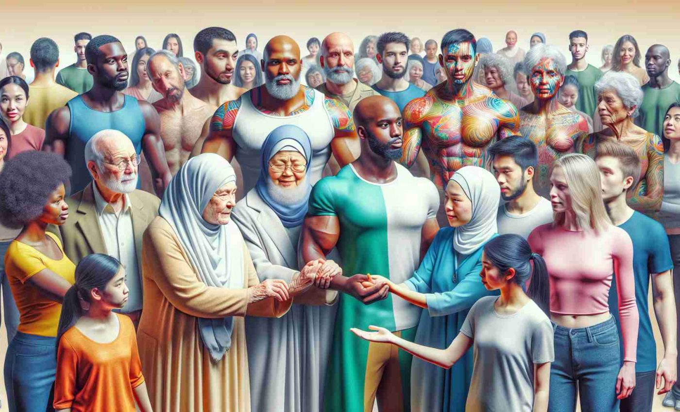 A highly detailed, high-definition picture showcasing the concept of body neutrality. In this image, diverse people of different ages, body types, and races are shown interacting with one another, promoting inclusivity and acceptance. Some of these individuals could be a Caucasian elderly woman, a muscular Black man, a lean South Asian man, a Hispanic woman with curves, and a Middle-Eastern teenager with an athletic physique. This picture aims to provide a new definition of beauty, stretching beyond physical appearances and showcasing diversity in its realest form, thereby redefining beauty standards.