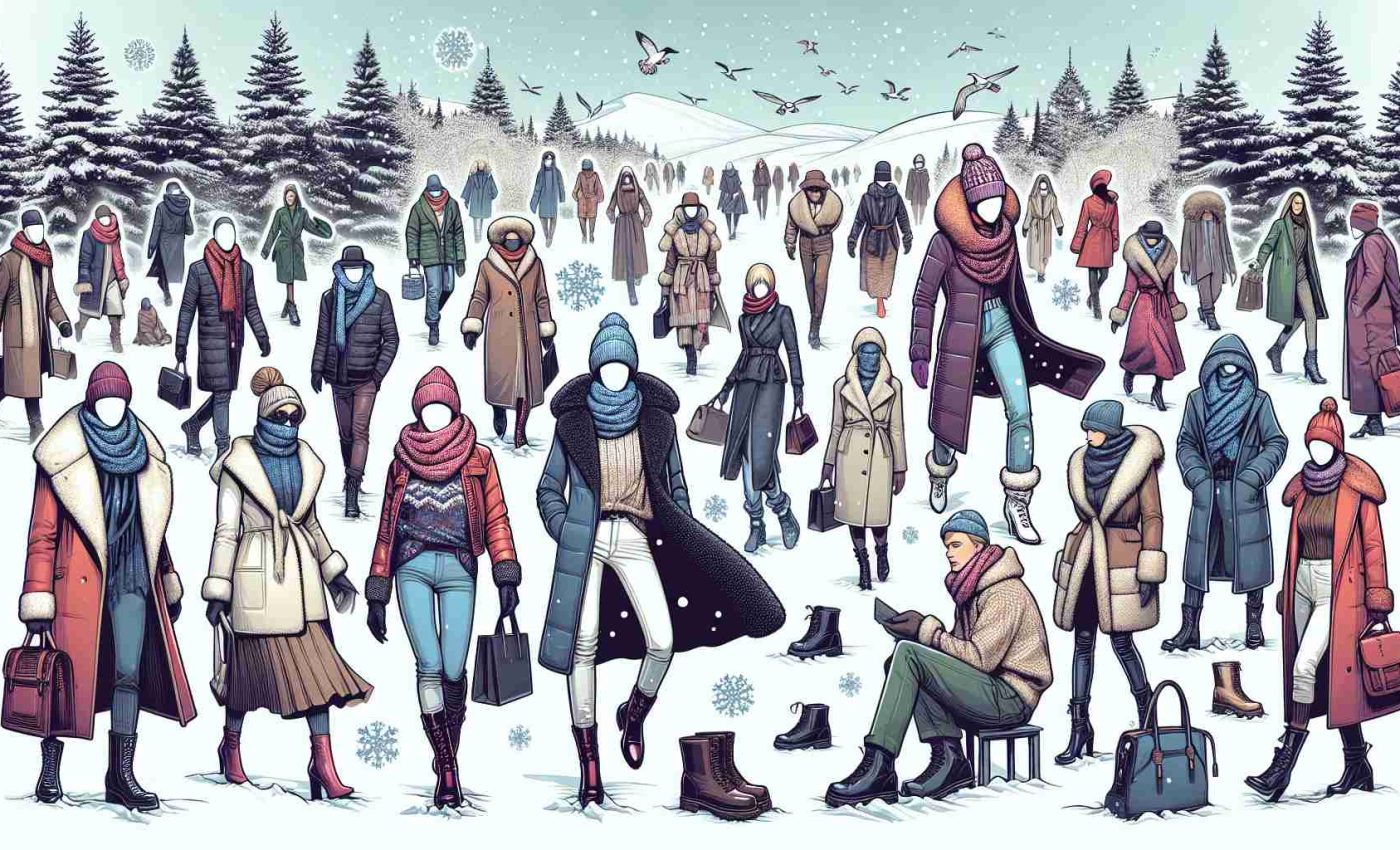 High definition digital illustration portraying new fashion trends of an upcoming winter season in 2024. The scene could show wintry outdoor settings with different people of various descents and both genders wearing fashionable winter attire. This could include stylish coats, scarves, hats, boots of various styles and colors, all indicative of new trends.