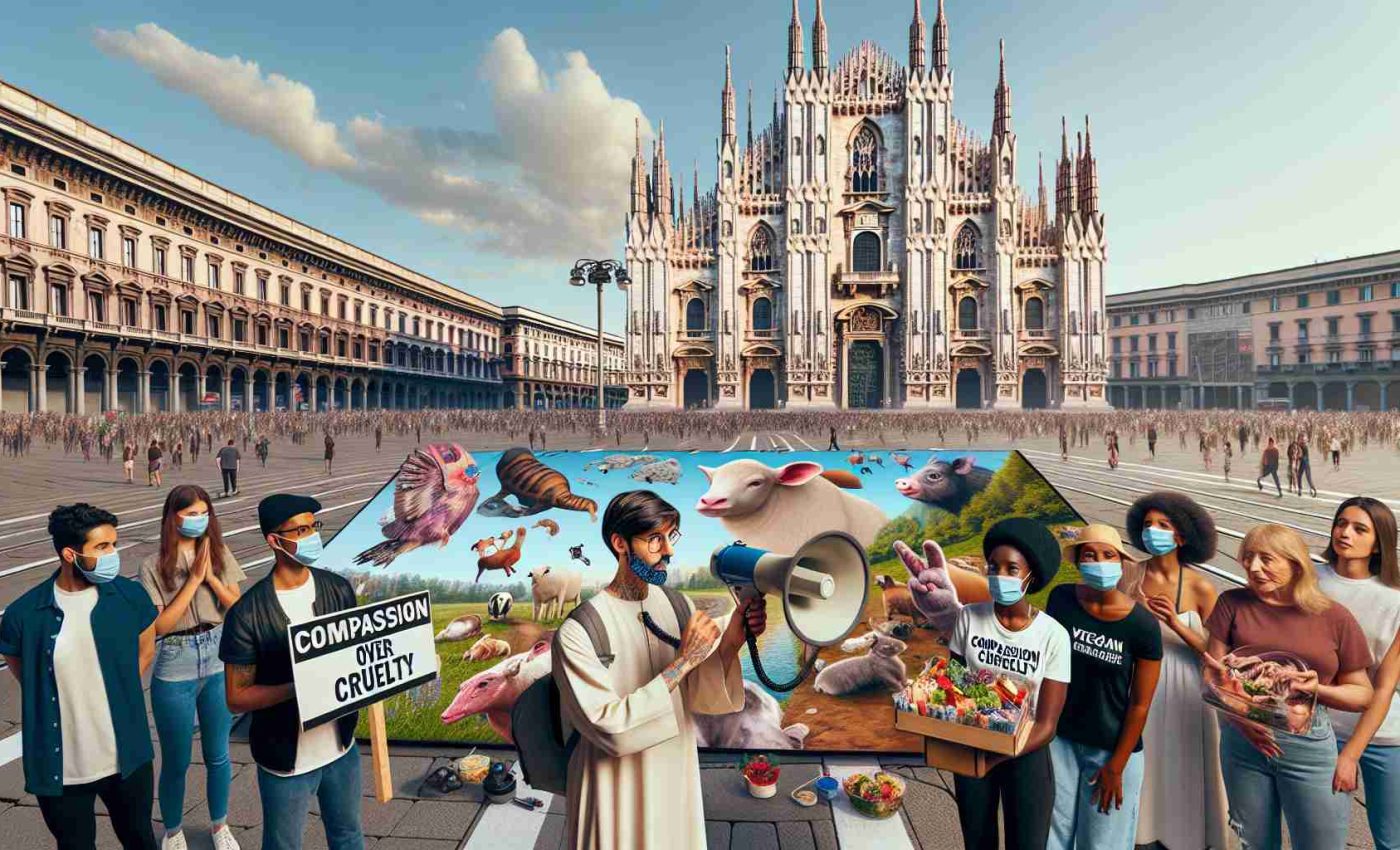 Create a realistic high-definition image showcasing a unique and innovative protest arranged by animal rights activists in Milan, Italy. Picture a crowded city square with the famed Milan Cathedral in the backdrop. Diverse activists, including a Middle-Eastern man holding a 'compassion over cruelty' sign and a Black woman distributing vegan pamphlets, are present. The crowd also consists of a South Asian woman using a loudspeaker to broadcast their message, and a Hispanic man painting a large mural depicting various animals peacefully coexisting. It's a peaceful day with a clear blue sky.