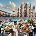 Create a realistic high-definition image showcasing a unique and innovative protest arranged by animal rights activists in Milan, Italy. Picture a crowded city square with the famed Milan Cathedral in the backdrop. Diverse activists, including a Middle-Eastern man holding a 'compassion over cruelty' sign and a Black woman distributing vegan pamphlets, are present. The crowd also consists of a South Asian woman using a loudspeaker to broadcast their message, and a Hispanic man painting a large mural depicting various animals peacefully coexisting. It's a peaceful day with a clear blue sky.