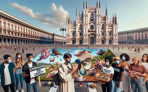 Create a realistic high-definition image showcasing a unique and innovative protest arranged by animal rights activists in Milan, Italy. Picture a crowded city square with the famed Milan Cathedral in the backdrop. Diverse activists, including a Middle-Eastern man holding a 'compassion over cruelty' sign and a Black woman distributing vegan pamphlets, are present. The crowd also consists of a South Asian woman using a loudspeaker to broadcast their message, and a Hispanic man painting a large mural depicting various animals peacefully coexisting. It's a peaceful day with a clear blue sky.