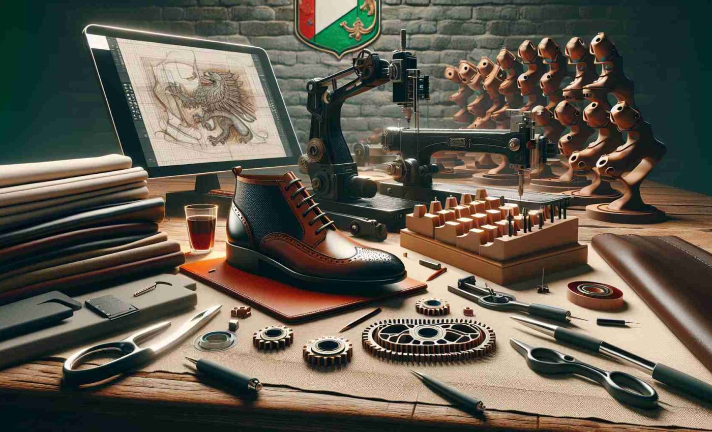 High-definition, realistic image showcasing a scene from the Italian footwear industry. The scene can include a pair of handcrafted Italian leather shoes in the foreground. The surroundings show hints of innovation with tools such as a digital sketchpad, a 3D printer, and advanced shoe making machinery. In the background, the setting presents Italian insignia and elements of the Italian culture to underline the unique character of Italian craftmanship.