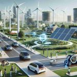 A high-definition, realistic image capturing the future of sustainable technology adoption. The scene includes innovative solar panels integrated into the design of urban buildings, wind turbines in the distance elegantly blending with the landscape, electric self-driving cars on well-maintained roads, with a background of well-manicured green spaces. Diverse individuals of different descents such as Hispanic, Black, Middle-Eastern, South Asian, and White are seen engaging with these technologies, balancing a sense of modern living with eco-consciousness.