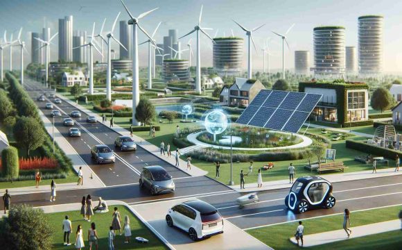 A high-definition, realistic image capturing the future of sustainable technology adoption. The scene includes innovative solar panels integrated into the design of urban buildings, wind turbines in the distance elegantly blending with the landscape, electric self-driving cars on well-maintained roads, with a background of well-manicured green spaces. Diverse individuals of different descents such as Hispanic, Black, Middle-Eastern, South Asian, and White are seen engaging with these technologies, balancing a sense of modern living with eco-consciousness.