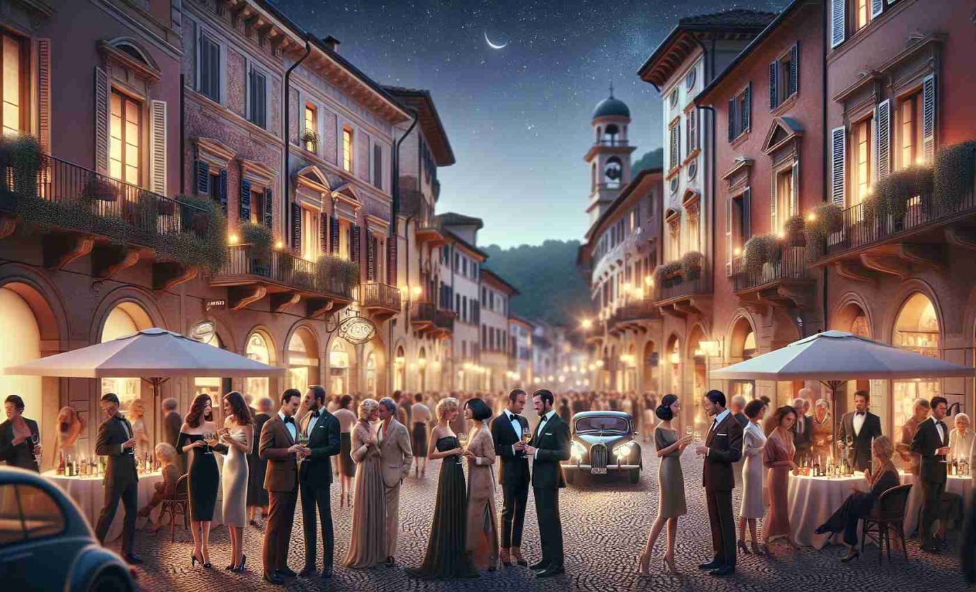 Create a realistic, high-definition image showcasing a night full of glamour in a quaint town known as Pieve Torina. Streets should be illuminated by soft, warm lighting from the surrounding shops and street lamps. People of various descents and genders elegantly dressed, mingling around in small groups, chatting and laughing. Charming details of traditional Italian architecture should be prominent, with cobblestone streets, historical buildings, and colorful facades. The sky above should display a clear, starry night, making it a truly enchanting scene.