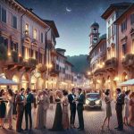 Create a realistic, high-definition image showcasing a night full of glamour in a quaint town known as Pieve Torina. Streets should be illuminated by soft, warm lighting from the surrounding shops and street lamps. People of various descents and genders elegantly dressed, mingling around in small groups, chatting and laughing. Charming details of traditional Italian architecture should be prominent, with cobblestone streets, historical buildings, and colorful facades. The sky above should display a clear, starry night, making it a truly enchanting scene.