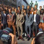 A high-definition, realistic photo capturing a vibrant menswear scene at a generic fashion week event located in a European city, similar in style to Copenhagen. The scene includes diverse models of different descents including Caucasian, Black, South Asian and Middle Eastern, adorning the latest fashion trends. The atmosphere is buzzing with activity, with photographers capturing the moment and spectators appreciatively watching.