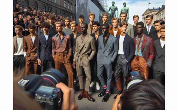 A high-definition, realistic photo capturing a vibrant menswear scene at a generic fashion week event located in a European city, similar in style to Copenhagen. The scene includes diverse models of different descents including Caucasian, Black, South Asian and Middle Eastern, adorning the latest fashion trends. The atmosphere is buzzing with activity, with photographers capturing the moment and spectators appreciatively watching.