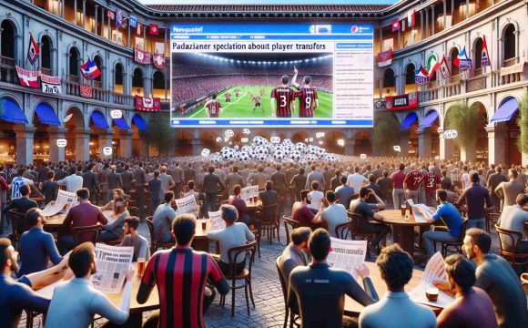 Render a high-definition, realistic photograph involving buzz and speculation about player transfers related to Trapani FC. Display an animated crowd in the background talking about the team, papers or tablets showing news headlines about potential transfers, and a large screen in a public space broadcasting soccer news. To further emphasize the excitement, include details such as fans wearing Trapani FC jerseys and scarves, bustling Italian cafes with soccer games on, and wide eyes and incredulous expressions on the faces of the club's supporters.