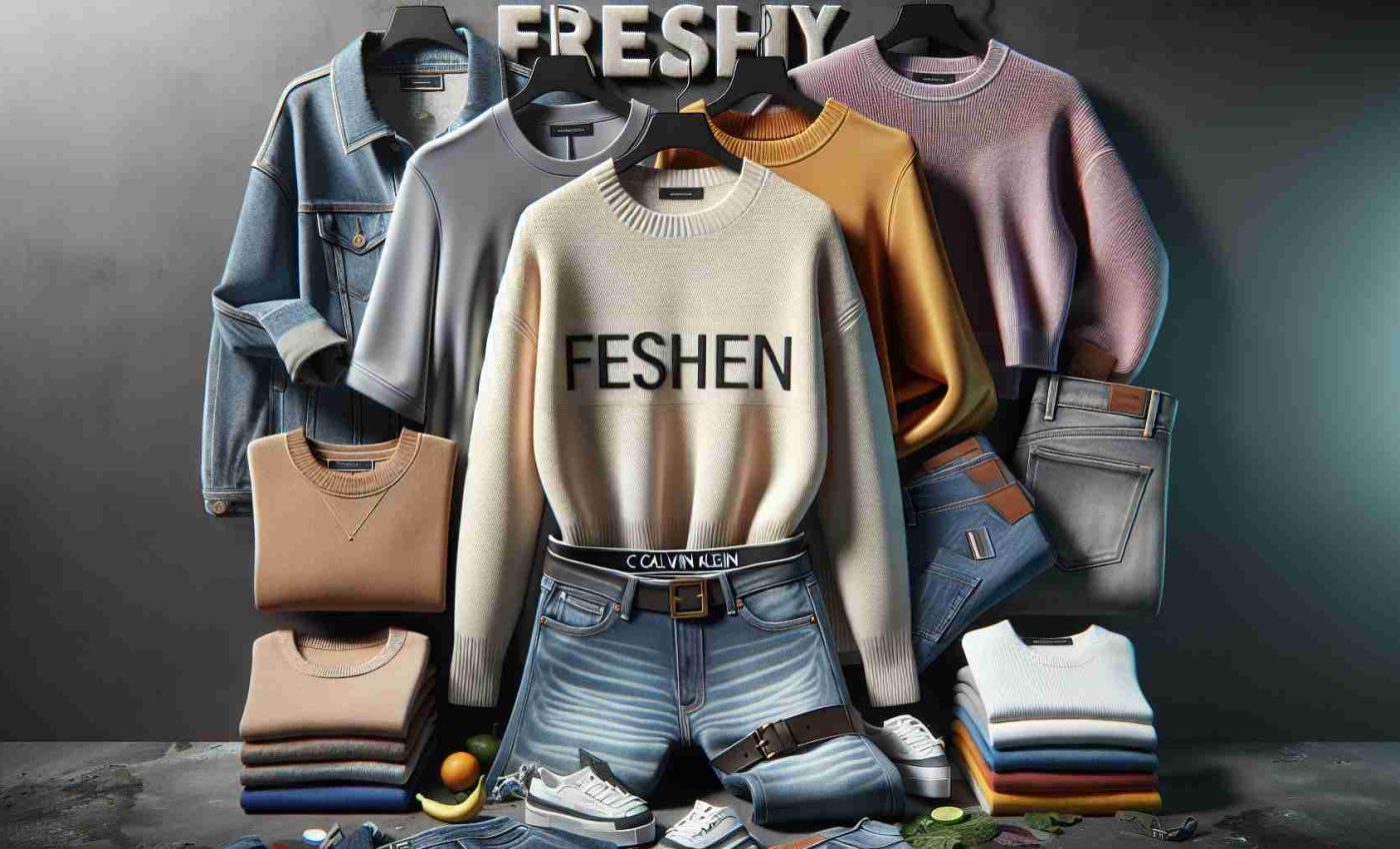 A highly detailed and realistic image emphasizing the freshness of a new fashion campaign. The campaign features an array of stylish contemporary clothing including jeans, t-shirts, sweaters, and jumpsuits reflecting the latest trends. The brand's iconic logo, minimalist design, and the use of a mix of vibrant and subtle colors are also highlighted. Please exclude any specific references or likenesses to Calvin Klein.