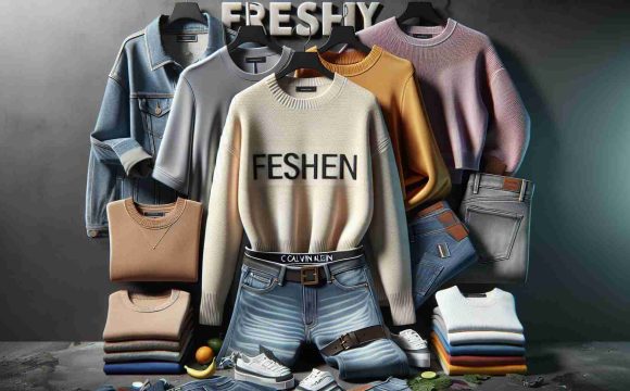 A highly detailed and realistic image emphasizing the freshness of a new fashion campaign. The campaign features an array of stylish contemporary clothing including jeans, t-shirts, sweaters, and jumpsuits reflecting the latest trends. The brand's iconic logo, minimalist design, and the use of a mix of vibrant and subtle colors are also highlighted. Please exclude any specific references or likenesses to Calvin Klein.