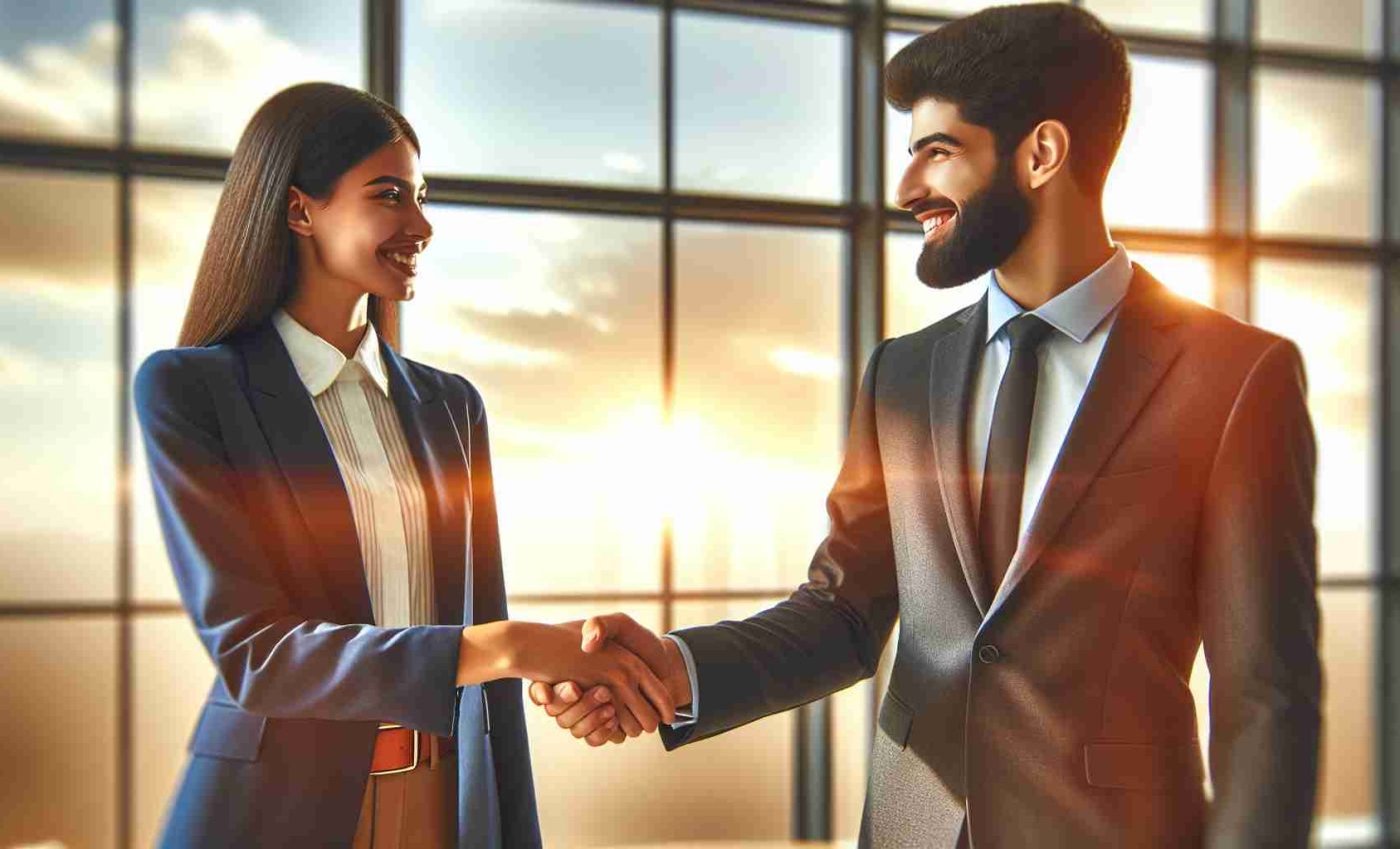 High-definition realistic photo depicting an exciting partnership marking the beginning of a new chapter. This includes two business professionals, one Hispanic female in a navy blue suit, and one Middle-Eastern male in a charcoal gray suit, shaking hands with heartfelt smiles. They are in a bright, contemporary office setting, with a golden sunset visible through a large window behind them, symbolizing the promising future of this new partnership.