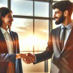 High-definition realistic photo depicting an exciting partnership marking the beginning of a new chapter. This includes two business professionals, one Hispanic female in a navy blue suit, and one Middle-Eastern male in a charcoal gray suit, shaking hands with heartfelt smiles. They are in a bright, contemporary office setting, with a golden sunset visible through a large window behind them, symbolizing the promising future of this new partnership.