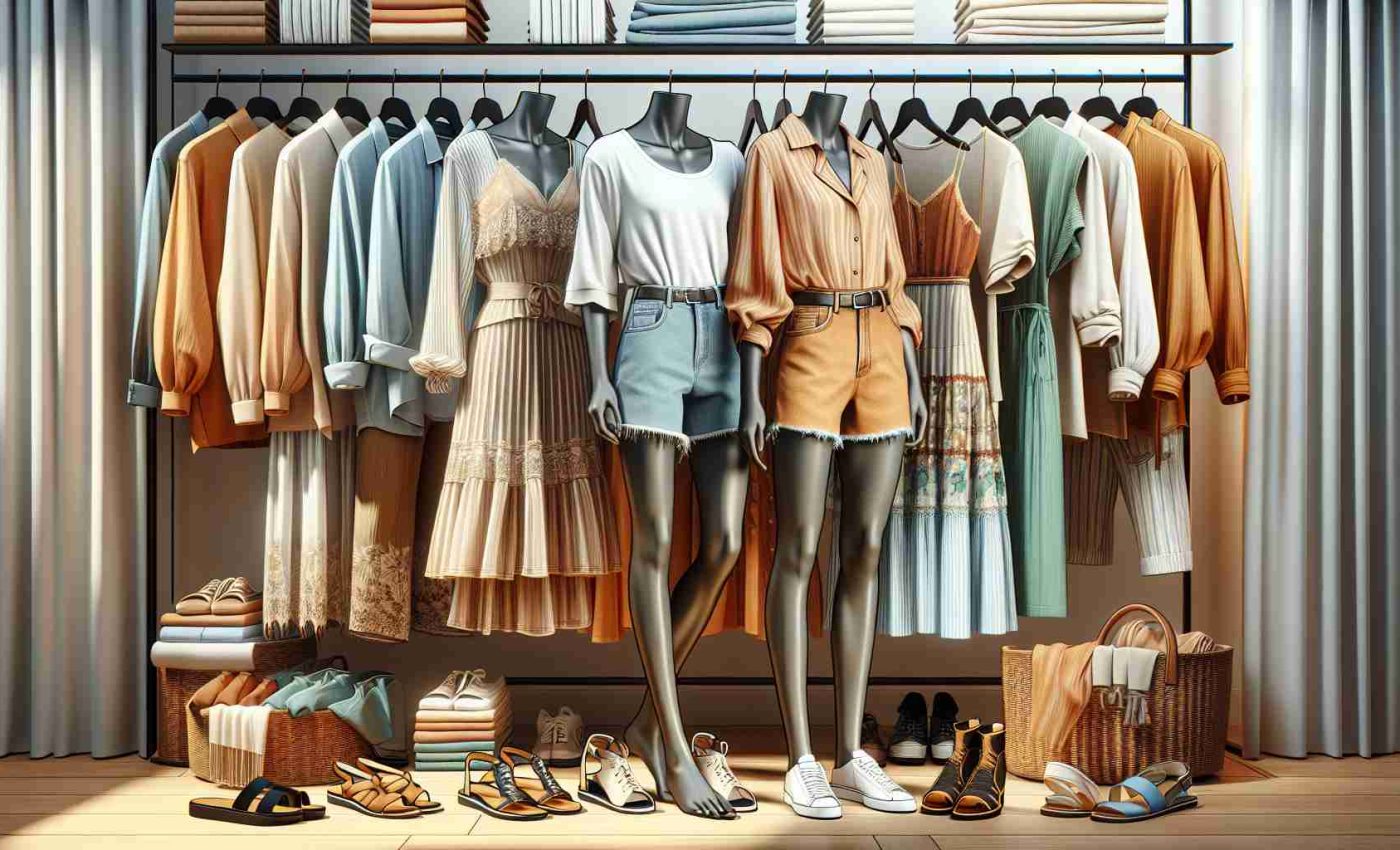 Illustrate a lifelike and high-resolution image that displays a fine selection of summer clothing for a total wardrobe transformation. Show a combination of both masculine and feminine outfits. Include garment pieces like lightweight shirts, breezy summer dresses, trendy shorts, and stylish sandals. The outfits should be advisable for a variety of different desecents including Caucasian, Hispanic, Black, Middle-Eastern, and South Asian. The setting might be an elegant boutique or a modern walk-in closet creating a fashionable and summery atmosphere.