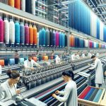 Realistic, high-definition image of an advanced knitting production setup, innovatively designed for creating high-quality knitwear. The scene presents well-organized machinery, strands of vibrant colored threads, and finely woven textile swatches on display. Workers of different genders and descents, Caucasian and South Asian male and female employees, are intently working on the machines, ensuring the smooth production of knitwear.