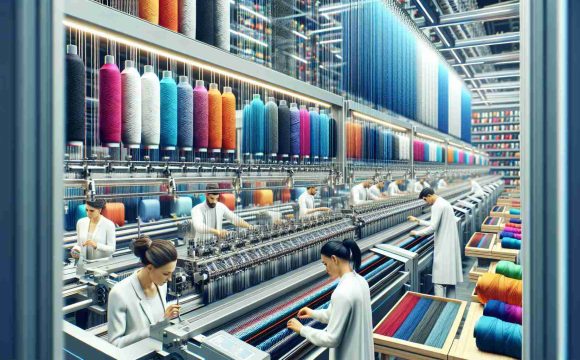 Realistic, high-definition image of an advanced knitting production setup, innovatively designed for creating high-quality knitwear. The scene presents well-organized machinery, strands of vibrant colored threads, and finely woven textile swatches on display. Workers of different genders and descents, Caucasian and South Asian male and female employees, are intently working on the machines, ensuring the smooth production of knitwear.