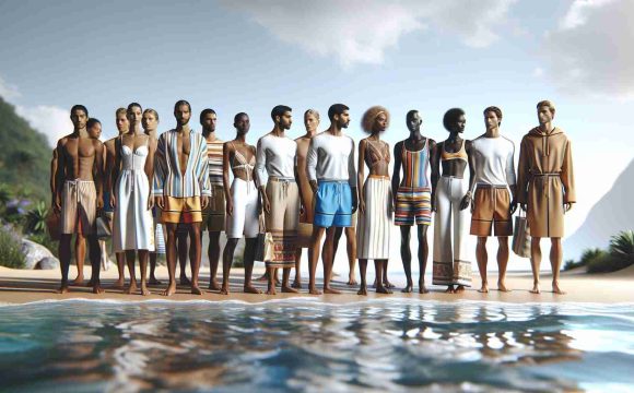 A high-definition, realistic image reflecting upcoming trends in summer swimwear for 2024. Show a range of swimsuits including bikinis, one-pieces, trunks and rashguards for both genders. Ensure the diversity by featuring models of various descents such as Caucasian, Hispanic, Black, and South Asian. The setting should be a sunny beach with clear waters, perhaps with a few palm trees scattered around. The atmosphere should be light and summery, capturing the joy of the upcoming season.