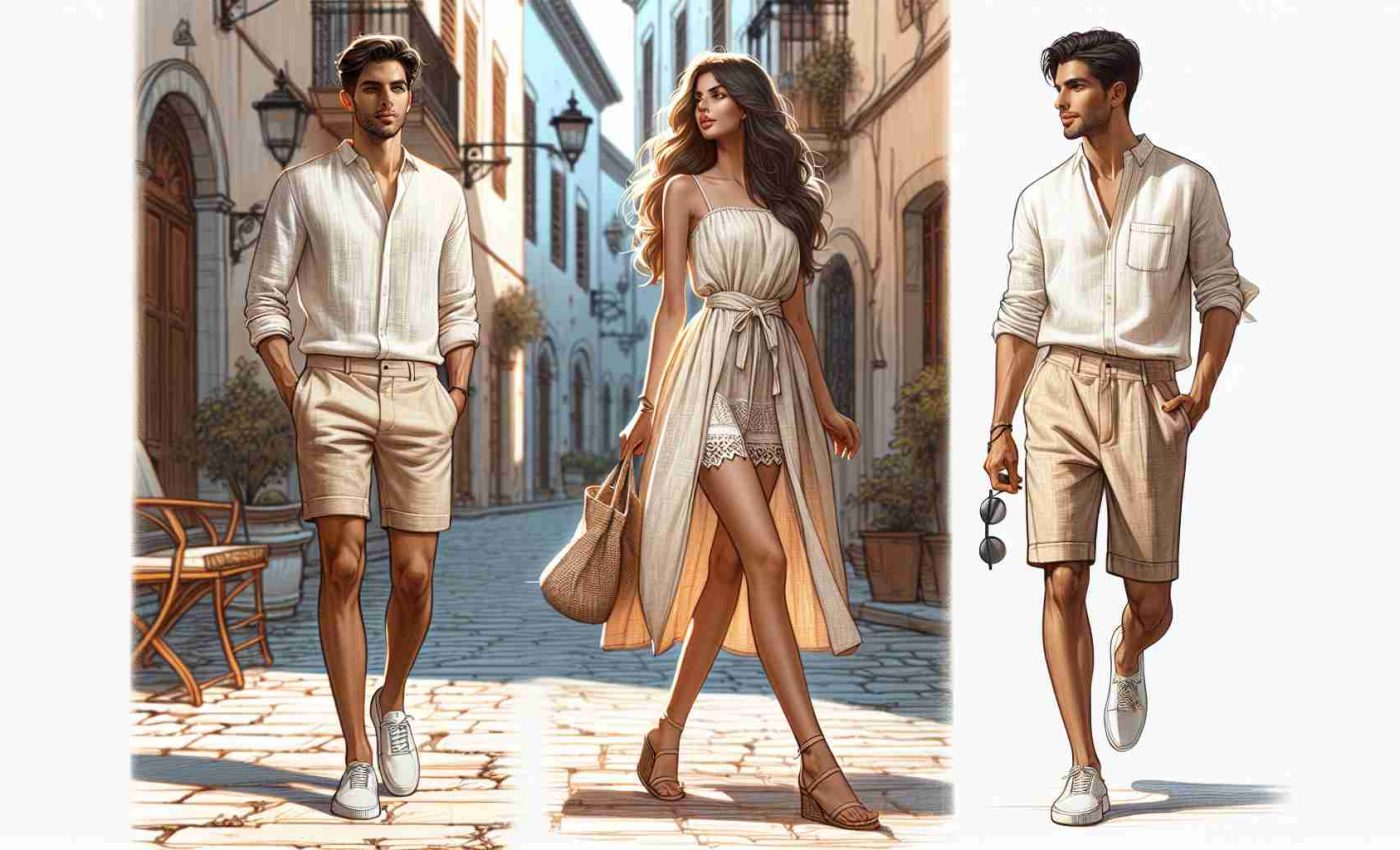 Create a high-definition, realistic image featuring a summer chic style that celebrates linen fashion trends. Visualize a setting of a warm, sunny day where a Hispanic woman is elegantly dressed in a lightweight, beige linen dress, as she strolls down a cobblestone street. Accompany her is a Middle Eastern man sporting a cool, white linen shirt paired with khaki shorts, suggesting a relaxed but stylish summer vibe. These ensembles personify the breathable and comfortable aspects of linen, ideal for hot summer days.