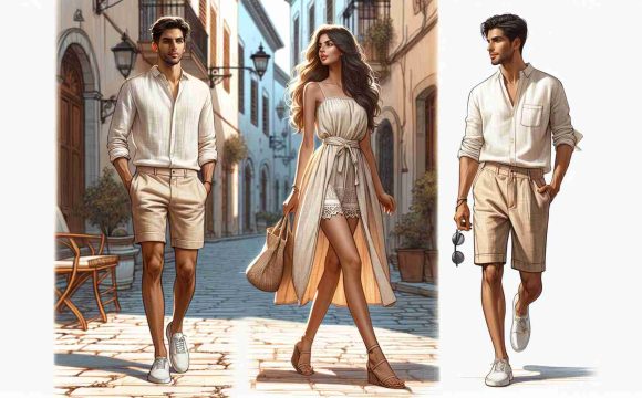 Create a high-definition, realistic image featuring a summer chic style that celebrates linen fashion trends. Visualize a setting of a warm, sunny day where a Hispanic woman is elegantly dressed in a lightweight, beige linen dress, as she strolls down a cobblestone street. Accompany her is a Middle Eastern man sporting a cool, white linen shirt paired with khaki shorts, suggesting a relaxed but stylish summer vibe. These ensembles personify the breathable and comfortable aspects of linen, ideal for hot summer days.