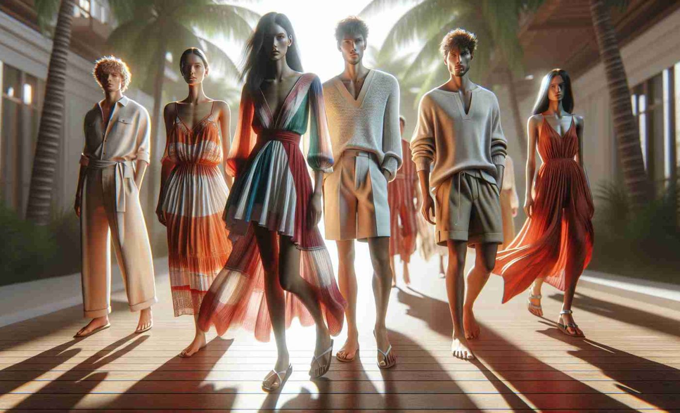 A high-definition, realistic image showcasing the latest summer fashion trends for the year 2024. This includes both men and women sporting contemporary clothing designs suitable for warm weather. The women can be seen in vibrant, airy dresses with unique cuts, while the men are donning light, casual summer outfits with simplistic yet elegant patterns. The scene is filled with rich, summery hues under the bright natural light of a sunny day.