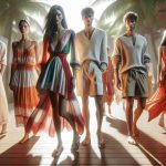 A high-definition, realistic image showcasing the latest summer fashion trends for the year 2024. This includes both men and women sporting contemporary clothing designs suitable for warm weather. The women can be seen in vibrant, airy dresses with unique cuts, while the men are donning light, casual summer outfits with simplistic yet elegant patterns. The scene is filled with rich, summery hues under the bright natural light of a sunny day.