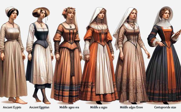 Create a realistic HD photo illustrating the evolution of women's fashion through various historical periods. Commence from ancient Egyptian times, showcasing a woman in a simple linen dress. Transition to the elegance of a Middle-Eastern woman in the Byzantine era, wearing a Dalmatica. Then depict a Caucasian woman from Middle Ages Europe with a Gothic style houppelande. Proceed to the refined style of a South Asian woman during the Victorian era in England, exhibiting a hoop-skirted crinoline dress. Finally, conclude with a Hispanic woman in a contemporary attire reflective of current trends.