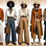 Produce an ultra-high definition, realistic image of five unique ways to style wide-leg pants in this fall season. 1. A South-Asian man wearing a pair with a tucked-in orange sweater and brown loafers. 2. A Black woman pairing the pants with a chic, white blazer and a cute bucket hat. 3. A Middle Eastern woman in wide-leg pants, coupled with a cozy knit scarf and ankle boots. 4. A Caucasian man in the pants with a vintage leather jacket and a flat cap. 5. A Hispanic woman with these pants complimented by a stylish trench coat and knee-high boots.