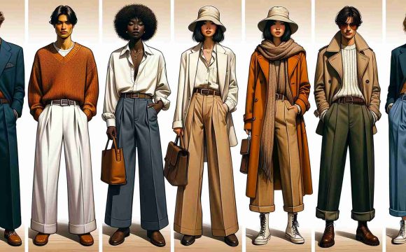 Produce an ultra-high definition, realistic image of five unique ways to style wide-leg pants in this fall season. 1. A South-Asian man wearing a pair with a tucked-in orange sweater and brown loafers. 2. A Black woman pairing the pants with a chic, white blazer and a cute bucket hat. 3. A Middle Eastern woman in wide-leg pants, coupled with a cozy knit scarf and ankle boots. 4. A Caucasian man in the pants with a vintage leather jacket and a flat cap. 5. A Hispanic woman with these pants complimented by a stylish trench coat and knee-high boots.