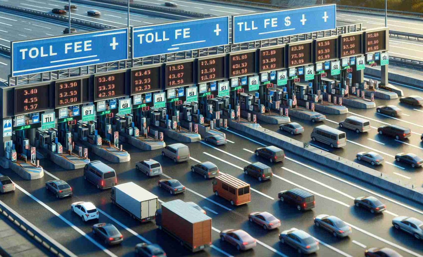 A detailed and high-definition close-up image of a regional highway showing a toll plaza with multiple lanes. Electronic signboards display various toll fee amounts. The high prices indicated are clearly causing congestion, with numerous vehicles lined up, waiting to pay. People in the cars look worried and concerned, reflecting the controversy and potential economic impact of these heightened fees.