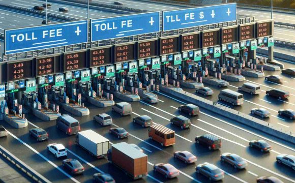 A detailed and high-definition close-up image of a regional highway showing a toll plaza with multiple lanes. Electronic signboards display various toll fee amounts. The high prices indicated are clearly causing congestion, with numerous vehicles lined up, waiting to pay. People in the cars look worried and concerned, reflecting the controversy and potential economic impact of these heightened fees.