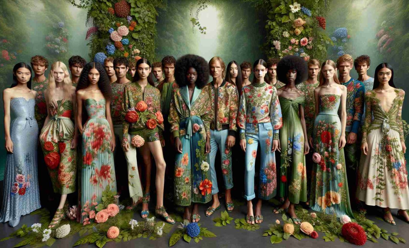 High-definition realistic image that depicts the tribute to nature in fashion. The key elements are floral patterns. Visualize a scene where models of diverse descent and genders wearing attire vividly adorned with flowers of various types, sizes, and colors. They are posing against a serene background abundant with lush greenery, encapsulating the harmonious communion of fashion and nature.