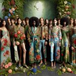 High-definition realistic image that depicts the tribute to nature in fashion. The key elements are floral patterns. Visualize a scene where models of diverse descent and genders wearing attire vividly adorned with flowers of various types, sizes, and colors. They are posing against a serene background abundant with lush greenery, encapsulating the harmonious communion of fashion and nature.