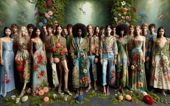 High-definition realistic image that depicts the tribute to nature in fashion. The key elements are floral patterns. Visualize a scene where models of diverse descent and genders wearing attire vividly adorned with flowers of various types, sizes, and colors. They are posing against a serene background abundant with lush greenery, encapsulating the harmonious communion of fashion and nature.