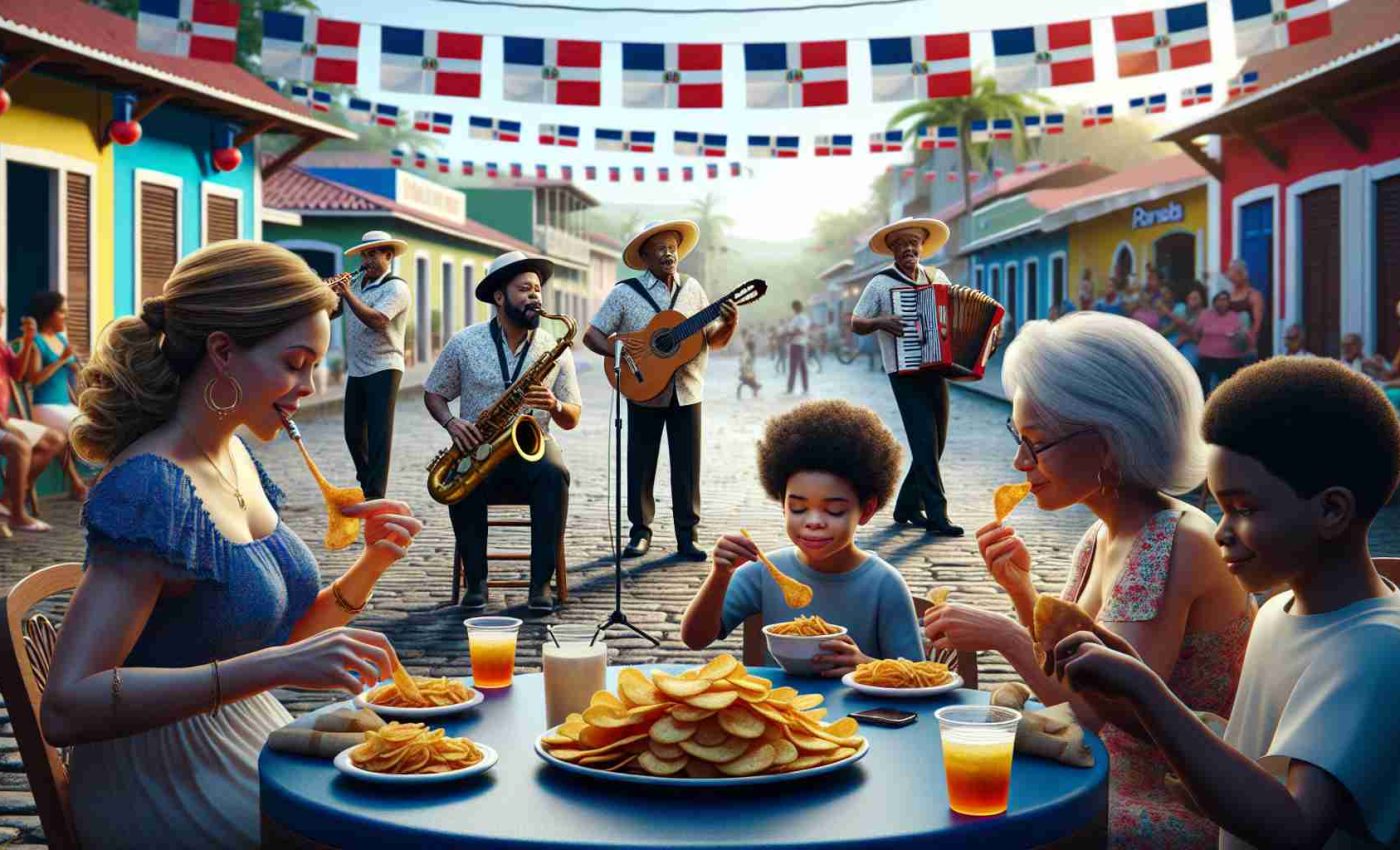 Generate a realistic high-definition image that captures the dynamic essence of Dominican culture. The scene includes a merengue band with a Hispanic male saxophonist and a black female tambora player in a festive town square. In the foreground, a multi-generational family, featuring a middle-aged South Asian woman and a young Caucasian boy, indulges in crispy 'patacones' from a nearby food stall. Lifelike colors bring to life the range of blues and reds common in the Dominican national flag and the rich warm yellows and browns of the tropical landscape.