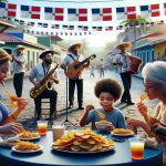 Generate a realistic high-definition image that captures the dynamic essence of Dominican culture. The scene includes a merengue band with a Hispanic male saxophonist and a black female tambora player in a festive town square. In the foreground, a multi-generational family, featuring a middle-aged South Asian woman and a young Caucasian boy, indulges in crispy 'patacones' from a nearby food stall. Lifelike colors bring to life the range of blues and reds common in the Dominican national flag and the rich warm yellows and browns of the tropical landscape.