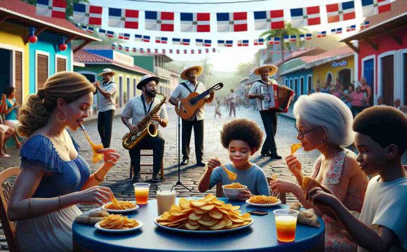 Generate a realistic high-definition image that captures the dynamic essence of Dominican culture. The scene includes a merengue band with a Hispanic male saxophonist and a black female tambora player in a festive town square. In the foreground, a multi-generational family, featuring a middle-aged South Asian woman and a young Caucasian boy, indulges in crispy 'patacones' from a nearby food stall. Lifelike colors bring to life the range of blues and reds common in the Dominican national flag and the rich warm yellows and browns of the tropical landscape.