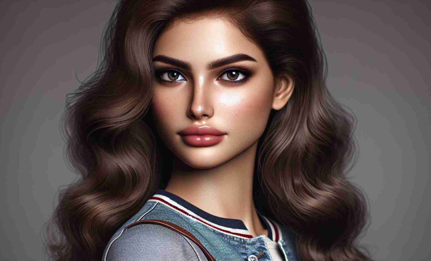 HD quality, realistic portrait of a woman who shares characteristics with a modern vintage icon: possessing striking facial features with dark brows, deep-set eyes, and full lips. She has long, brown, wavy hair and a slender physique. Fashion-forward, she typically wears casual chic clothing, blending contemporary styles with retro fashion trends.