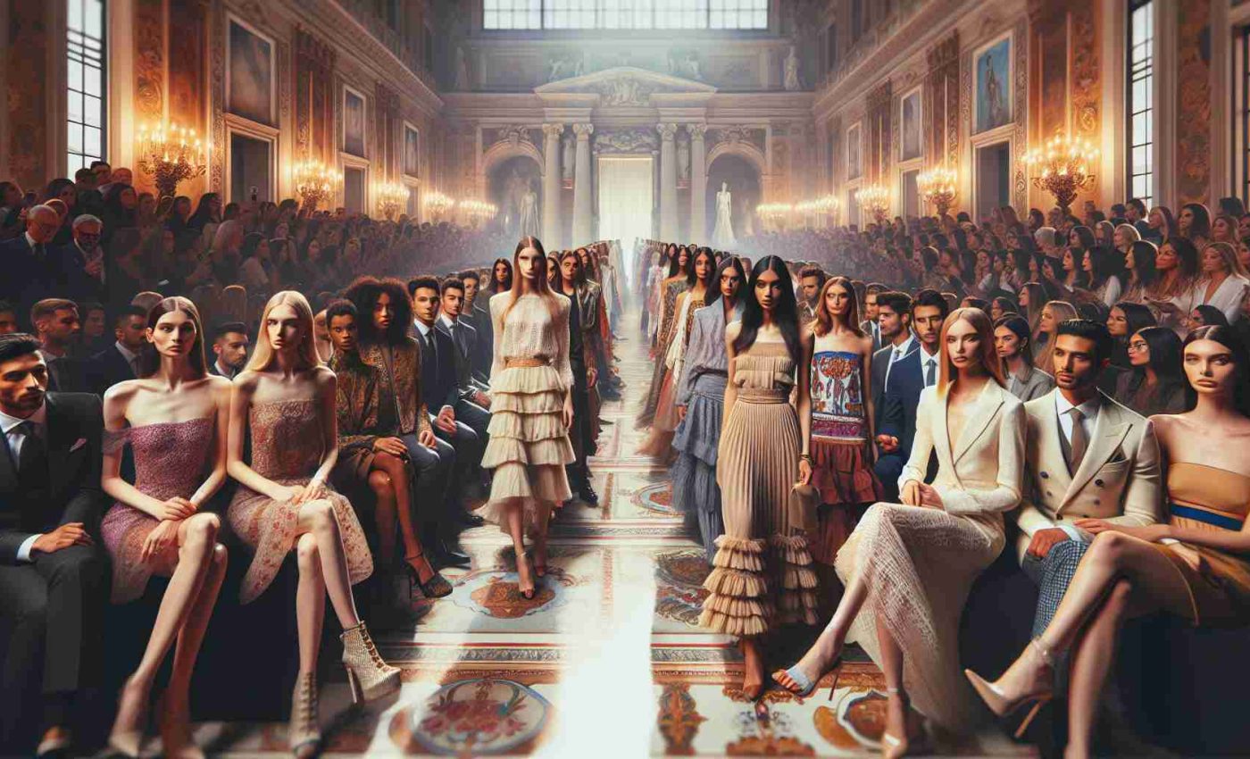 Create a high-definition, realistic image of a special fashion weekend event. The event is happening at a prominent palace known as Palazzo Lombardia. The attendees are elegantly dressed in a variety of fashionable attire. The atmosphere is lively, filled with vibrant colors from the designer clothing and adorned with soft, warm lighting. There are both male and female models, of Caucasian, Hispanic, Black, Middle-Eastern, South Asian, and White descent on the ornate runway, poised to showcase the latest trends. Excited guests of different descents and genders are eagerly watching the show from their seats.