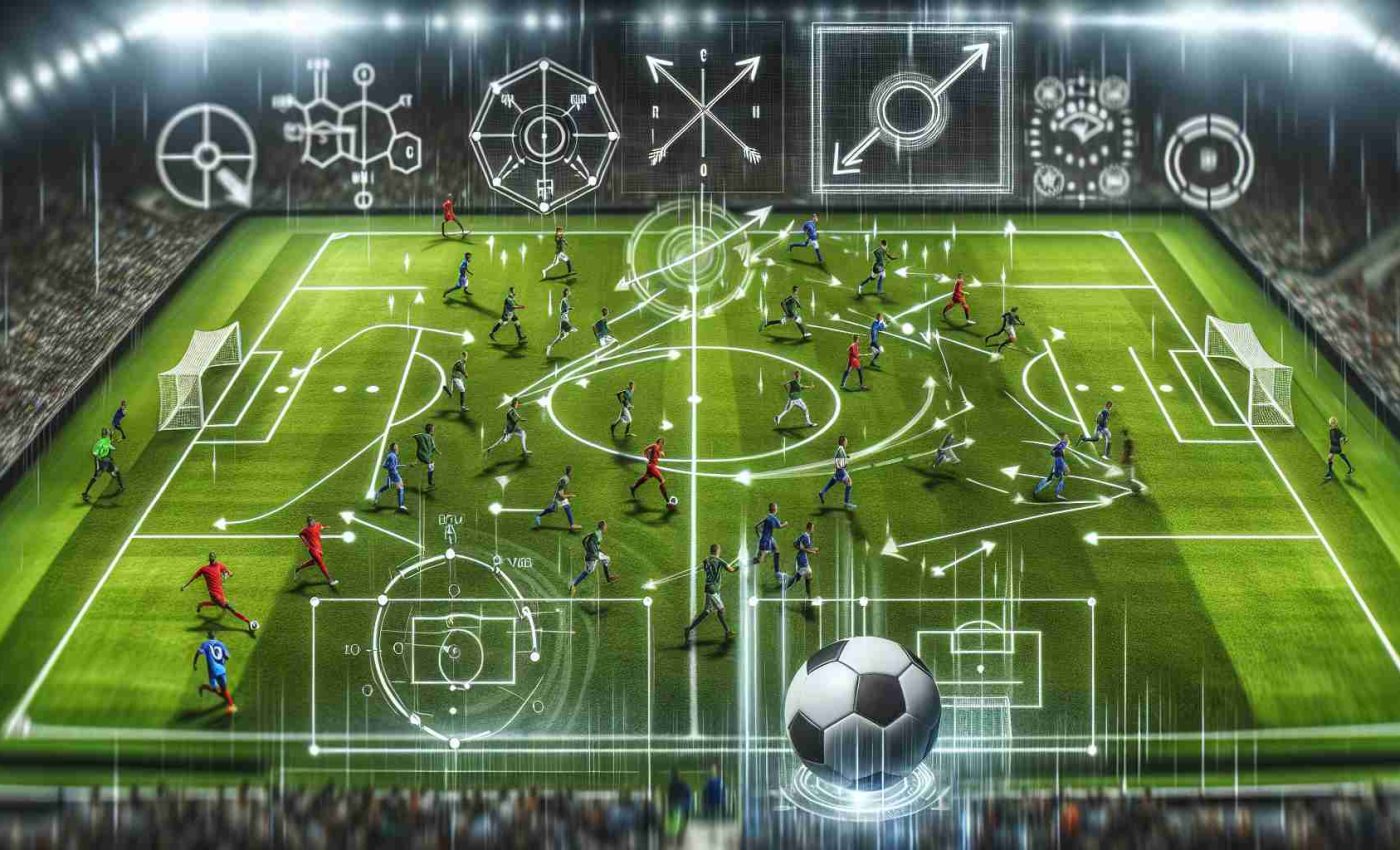 An image displaying the latest evolutions in tactical trends of modern football. It should show a close-up of a highly detailed football pitch, with players in various formations and strategies. The pitch is well-maintained, the grass is vivid green and the boundary lines are distinctly marked in white. Animated arrows and diagrams symbolize the shifting tactics. Include a black and white football in motion, symbolizing a critical moment in the game. Blur the background slightly implying a high paced movement. Make sure the players represent various descents like Caucasian, Hispanic, Black, Middle-Eastern, South Asian and White male and female.