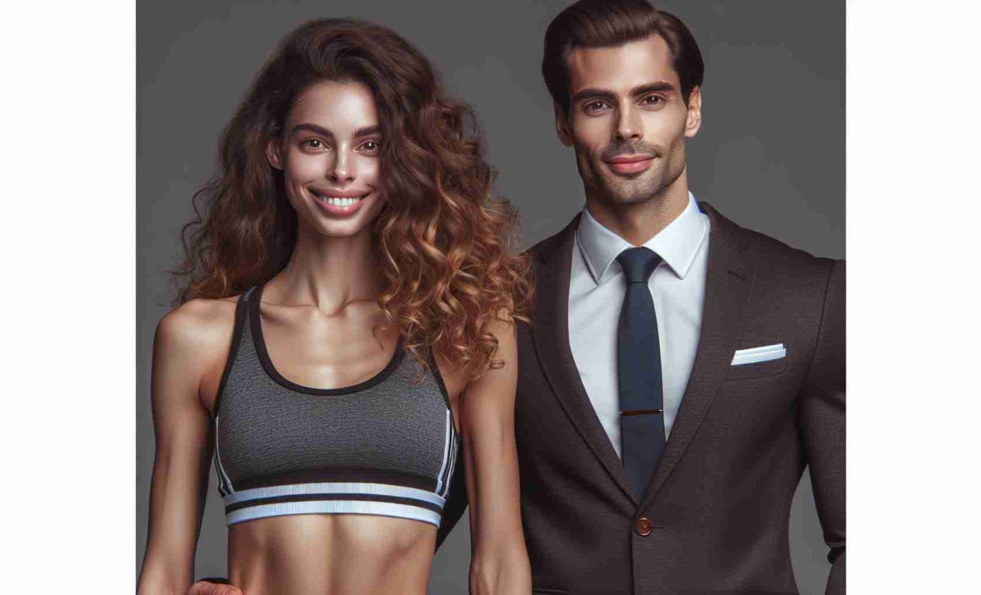 Realistic HD photo of a tall, athletic woman with curly brown hair, radiant smile and sporty outfit standing next to a man of medium height, lean build, with slicked-back hair, wearing a suit and tie, exhibiting genuine connection and camaraderie.