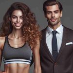 Realistic HD photo of a tall, athletic woman with curly brown hair, radiant smile and sporty outfit standing next to a man of medium height, lean build, with slicked-back hair, wearing a suit and tie, exhibiting genuine connection and camaraderie.