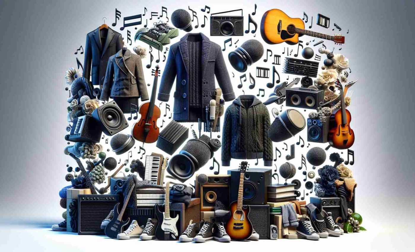 A high-definition, photo-realistic image of a concept named 'The Fusion of Sound and Style'. It represents a collection that blends elements from music and fashion, though devoid of any branding. It may include various stylish clothing items such as jackets or dresses, expression of notes and musical instruments, as well as a mood that resonates to the rhythm of music.